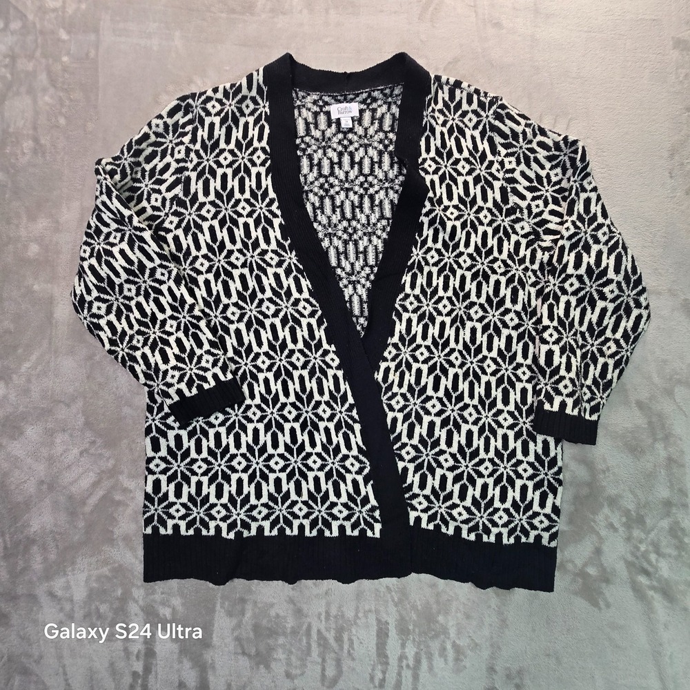 Croft & Barrow Cardigan Women's 2X Black White Geometric Print Tight Knit Ribbed